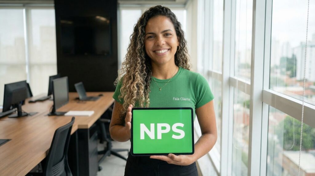Profissional de uma PME apresentando o indicador de NPS usado como evidência de satisfação do cliente na ISO 9001