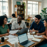 Equipe em reunião analisando respostas abertas de pesquisa de satisfação em papéis e no notebook