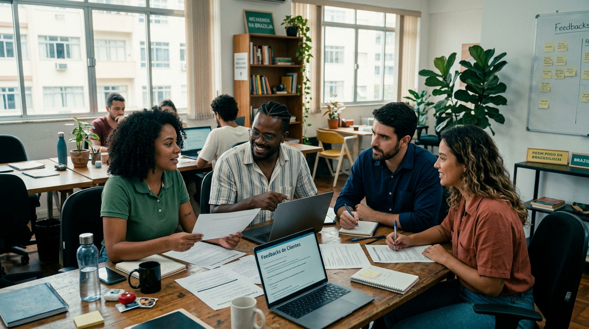 Equipe em reunião analisando respostas abertas de pesquisa de satisfação em papéis e no notebook