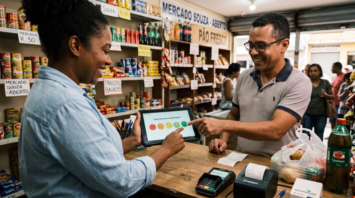 Atendente de mercadinho mostra um tablet com pesquisa de satisfação e o cliente toca na carinha sorridente, no balcão, logo após a compra