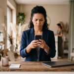 Dona de clínica olha o celular preocupada ao tentar recuperar WhatsApp Business banido