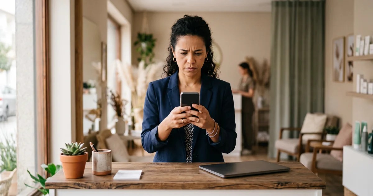 Dona de clínica olha o celular preocupada ao tentar recuperar WhatsApp Business banido