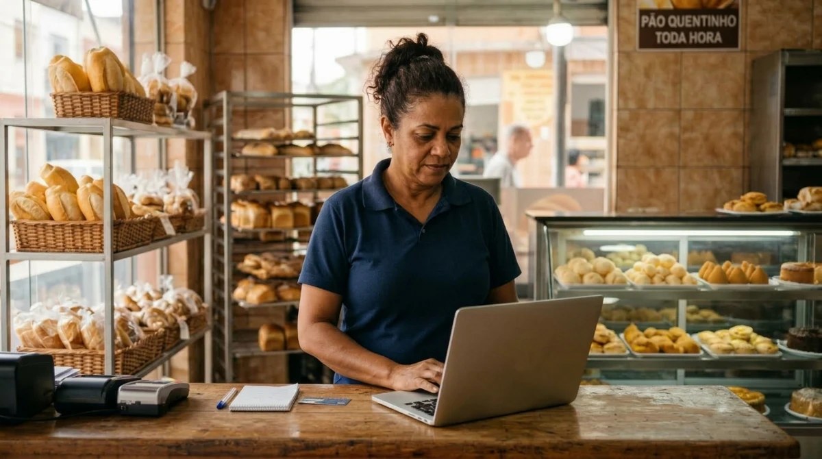 Dona de padaria usa o notebook do balcão para consultar o NPS pelo Claude