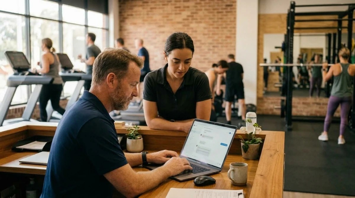 Na recepção de uma academia, o gerente e uma colega leem no notebook a resposta da IA sobre o NPS