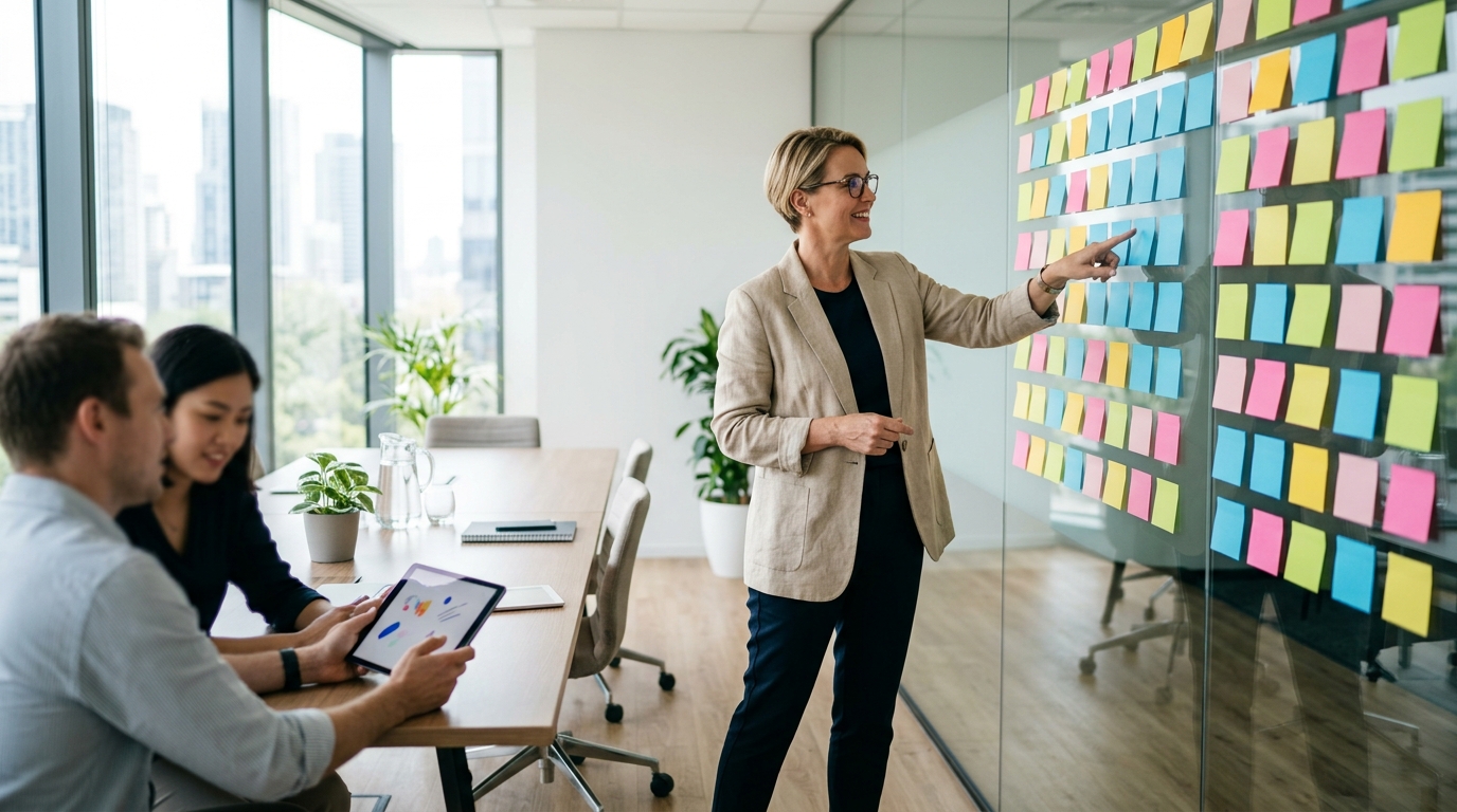 Consultora apresenta requisitos ISO 9001 em glass wall com notas adesivas coloridas