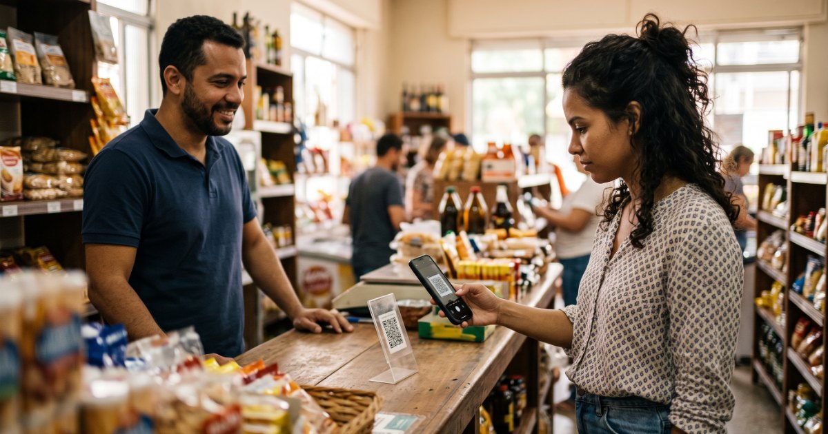 Cliente aponta o celular para o QR Code sobre o balcão de um mercado de bairro para responder à pesquisa de satisfação, com o atendente ao lado