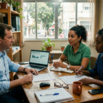 Gestora e equipe analisam a queda do NPS negativo em reunião de trabalho