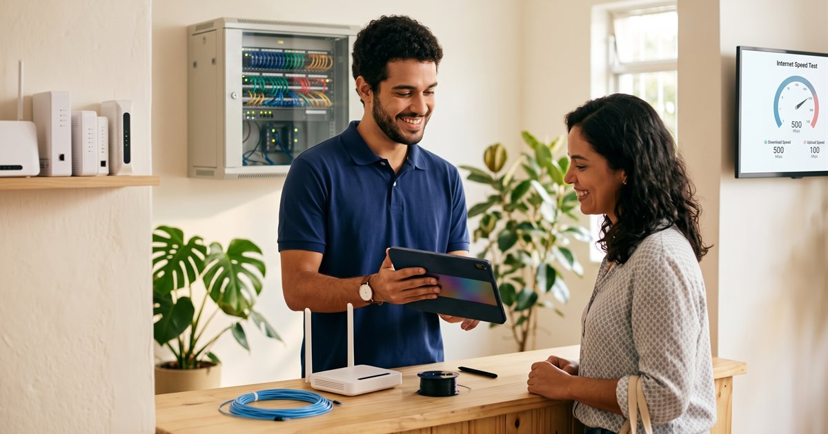 NPS para provedores de internet: atendente mostra um tablet a uma cliente no balcão do provedor, com roteador, cabos e rack de rede ao fundo