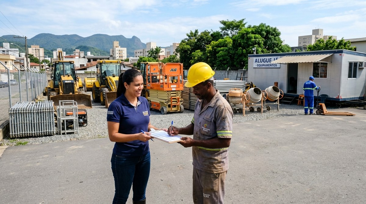 Gerente de locadora apresentando pesquisa de satisfacao ao cliente no patio com equipamentos pesados